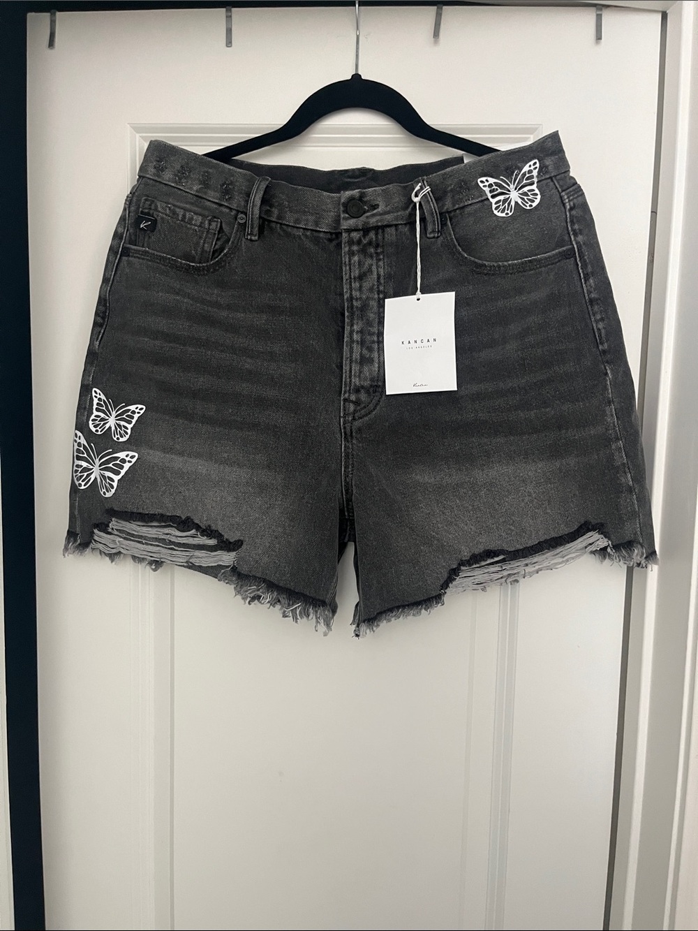 KanCan Charcoal Distressed Denim Shorts with White Butterfly Prints